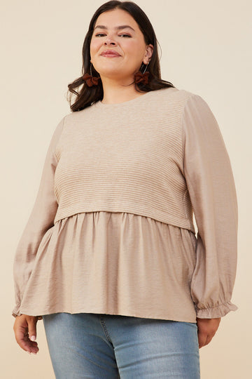 HY8777W Taupe Plus Mix Media Ribbed Knit Twofer Top Front